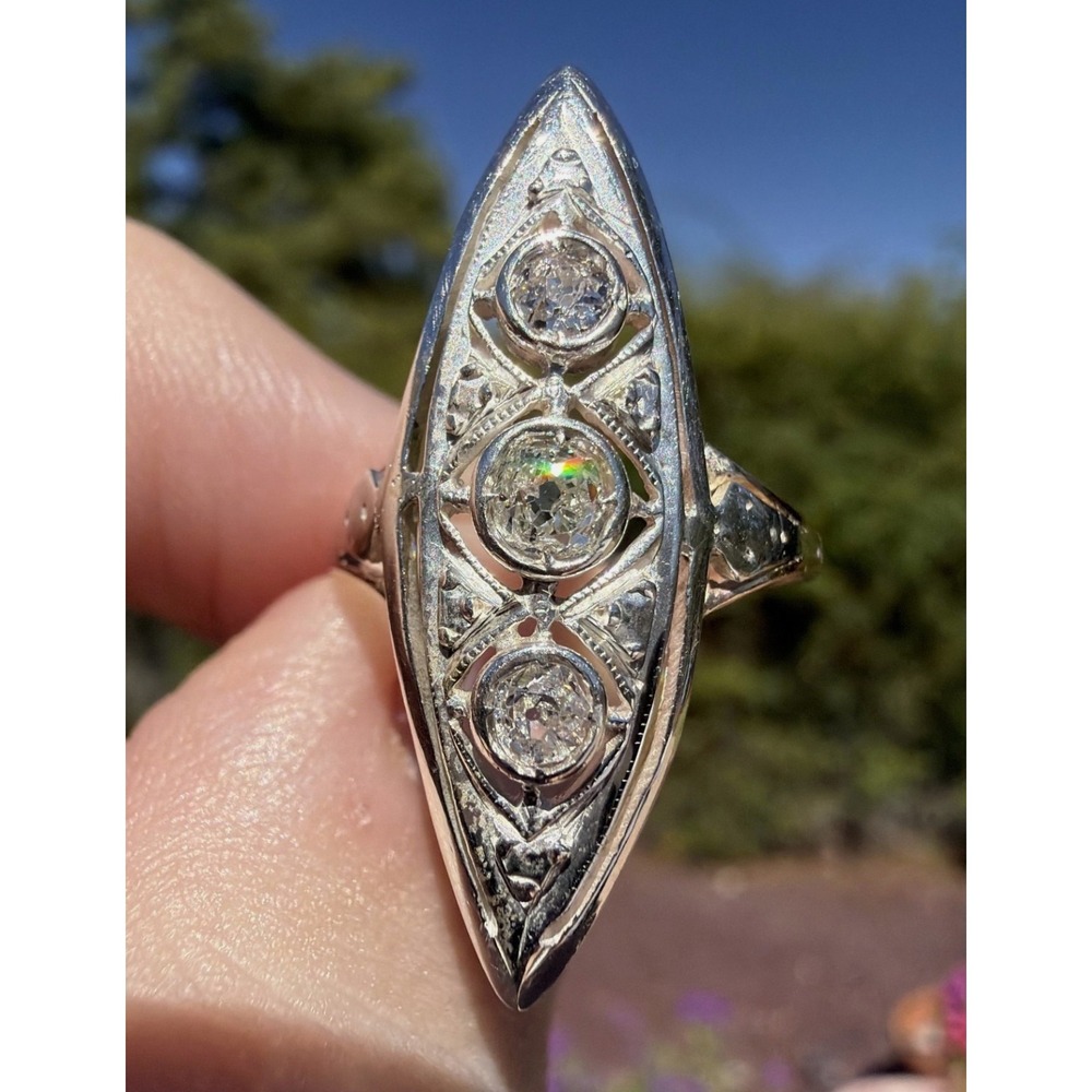 Antique Edwardian 12k Solid Gold Natural Old European Cut Ring Filigree Navette